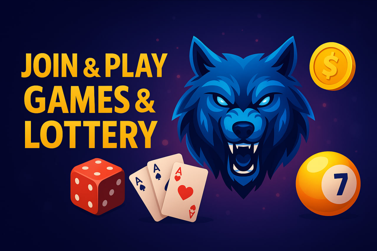 3D blue wolf head with dice, playing cards, lottery ball, and gold coin — digital illustration for online gaming and lottery platform 92PAK.IO.